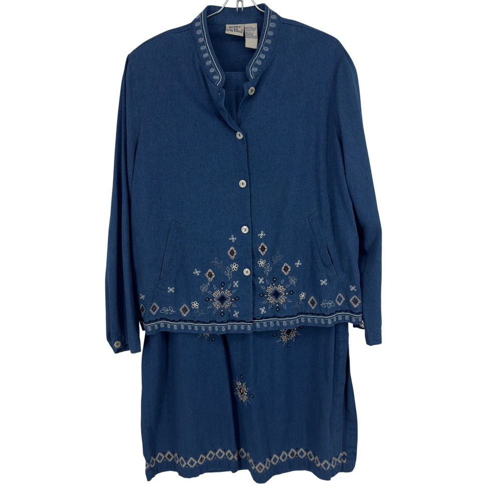 Koret City Blues Blue Embroidered Jacket Skirt Set Women Size L 18 Cotton Mix